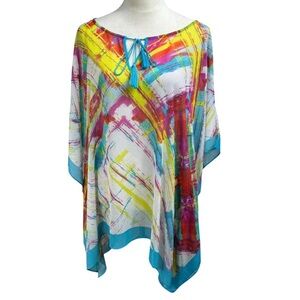 Rose & olive lightweight abstract print bright tassel tie Kaftan blouse size 3X
